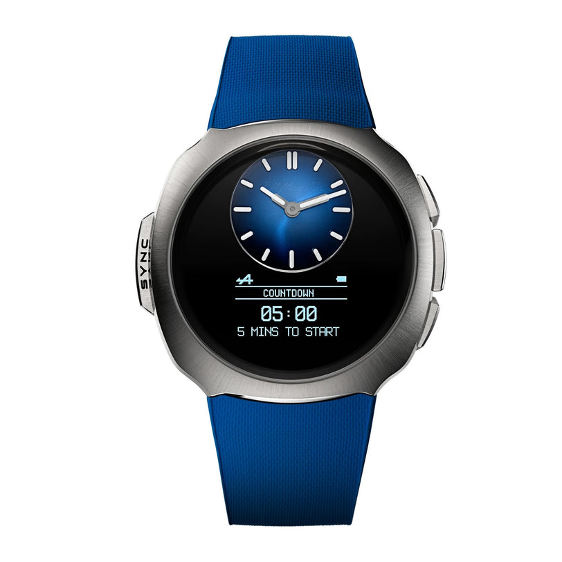 The H. Moser & Cie Streamliner Alpine Divers Edition is a modern smartwatch with a blue strap, showing a countdown timer and analog clock on its display.