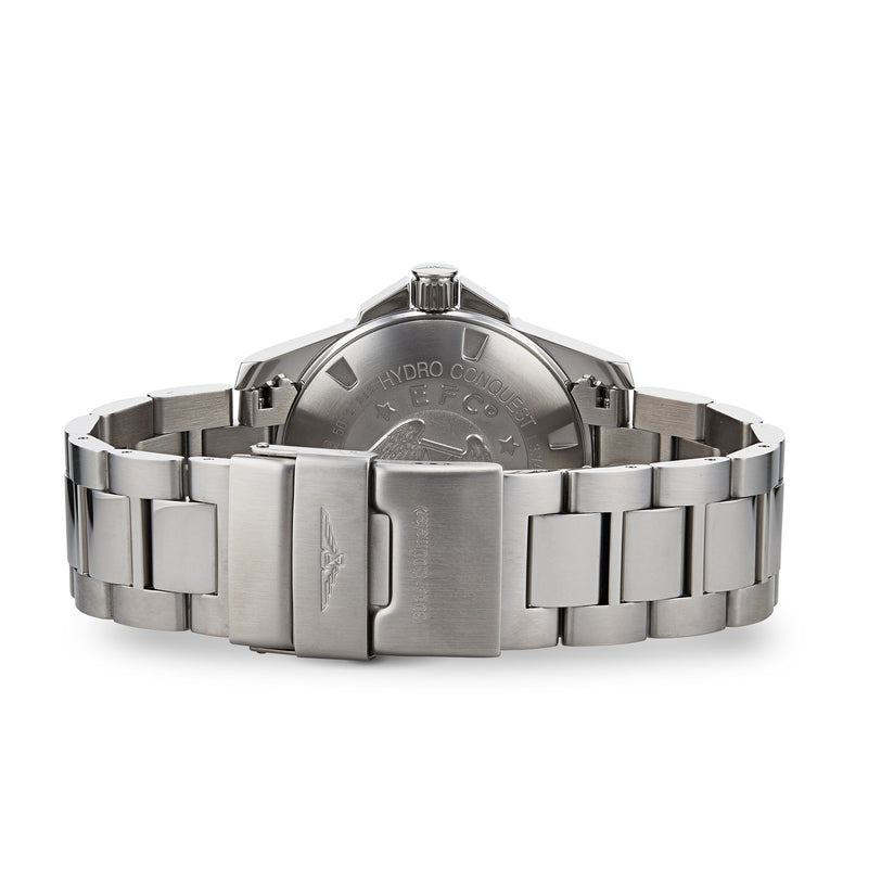 The Longines HydroConquest diving watch is shown from the back, highlighting its stainless steel case, engraved case back, closed clasp, and water-resistant design.