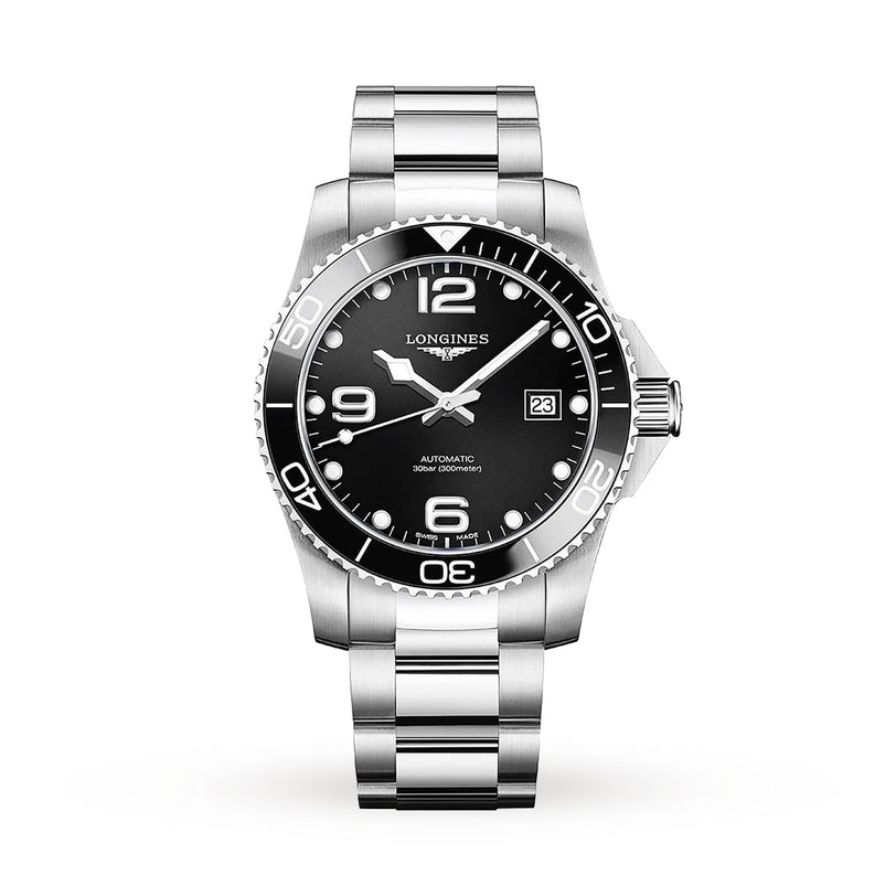The Longines HydroConquest is a stainless steel automatic diving watch with a black dial, silver indices, date at 3 o’clock, and metal link bracelet, displayed against a white background.