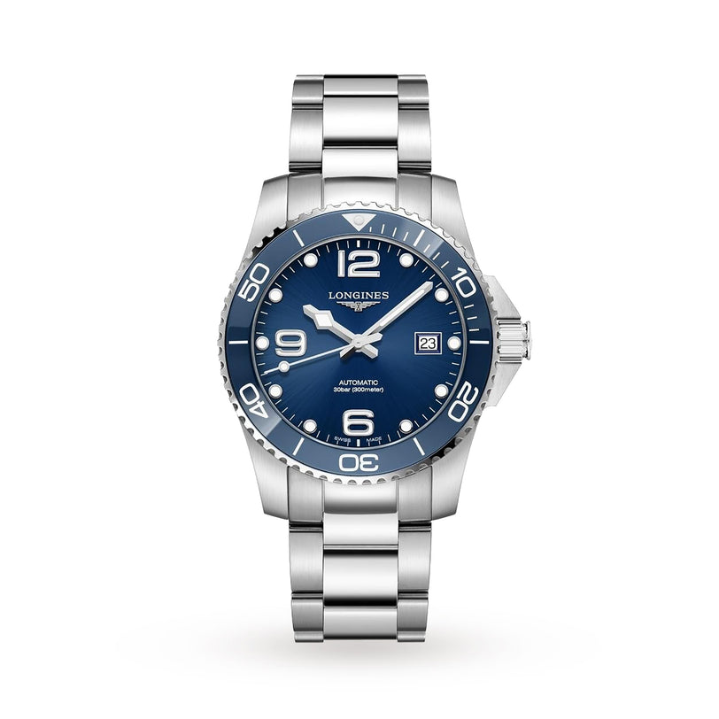 The Longines HydroConquest is a stainless steel diving watch featuring a blue face, silver hour markers, date display at 3 oclock, rotating bezel, water resistant case, and a metal link bracelet.