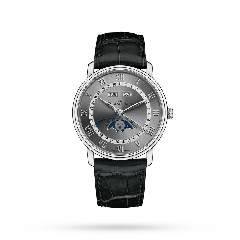 The Blancpain Villeret Quantième Complet is a silver luxury wristwatch with a black leather strap, Roman numerals, and a moonphase display on the dial.