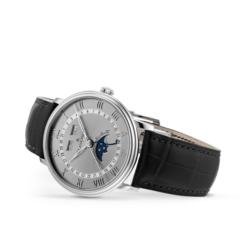 Blancpain Villeret Quantième Complet: silver wristwatch with black leather strap, Roman numerals, and a moon phase indicator on the dial.