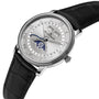 Blancpain Villeret Quantième Complet wristwatch with moon phase display, Roman numerals, and black leather strap shown at an angle.