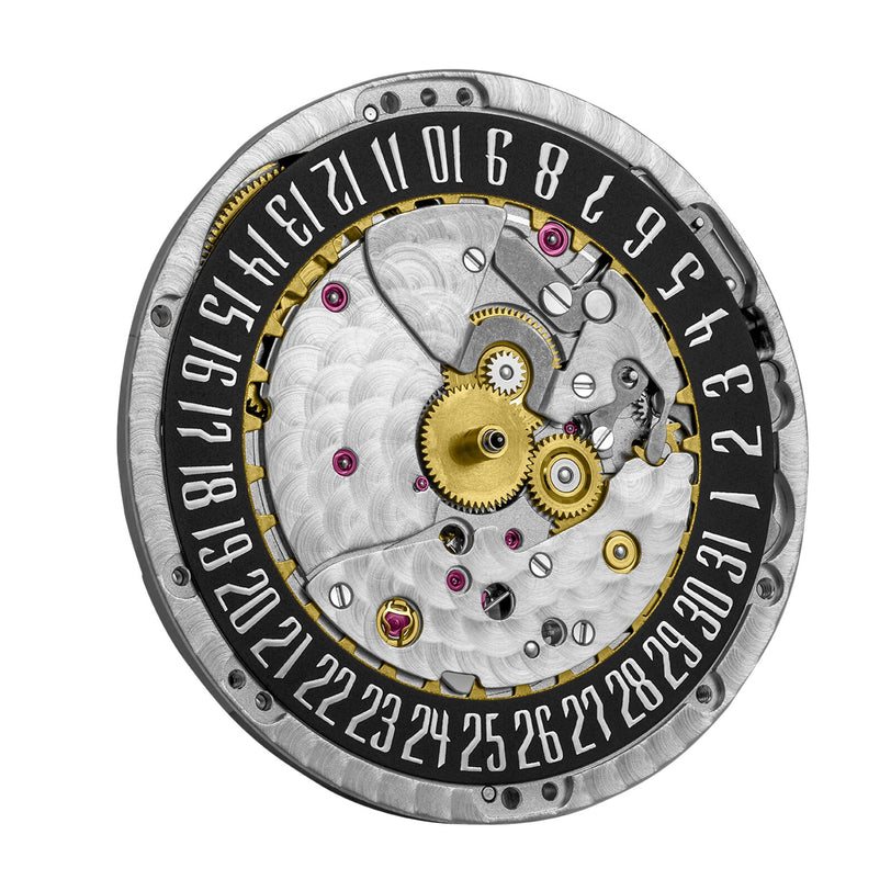 Close-up of a Blancpain Fifty Fathoms Bathyscaphe mechanical watch movement featuring gears, jewel bearings, and a black date ring with white numbers 1-31, showcasing the collections renowned precision.