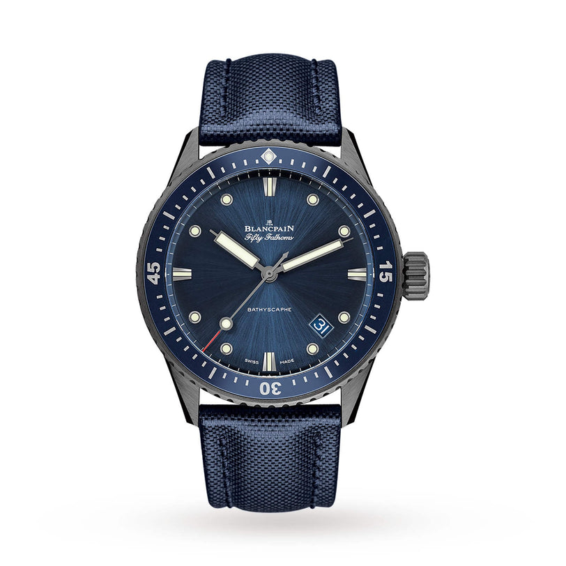 The Blancpain Fifty Fathoms Bathyscaphe features a blue sunburst dial, date at 4:30, luminous markers, and a blue fabric strap—engineered for diving.
