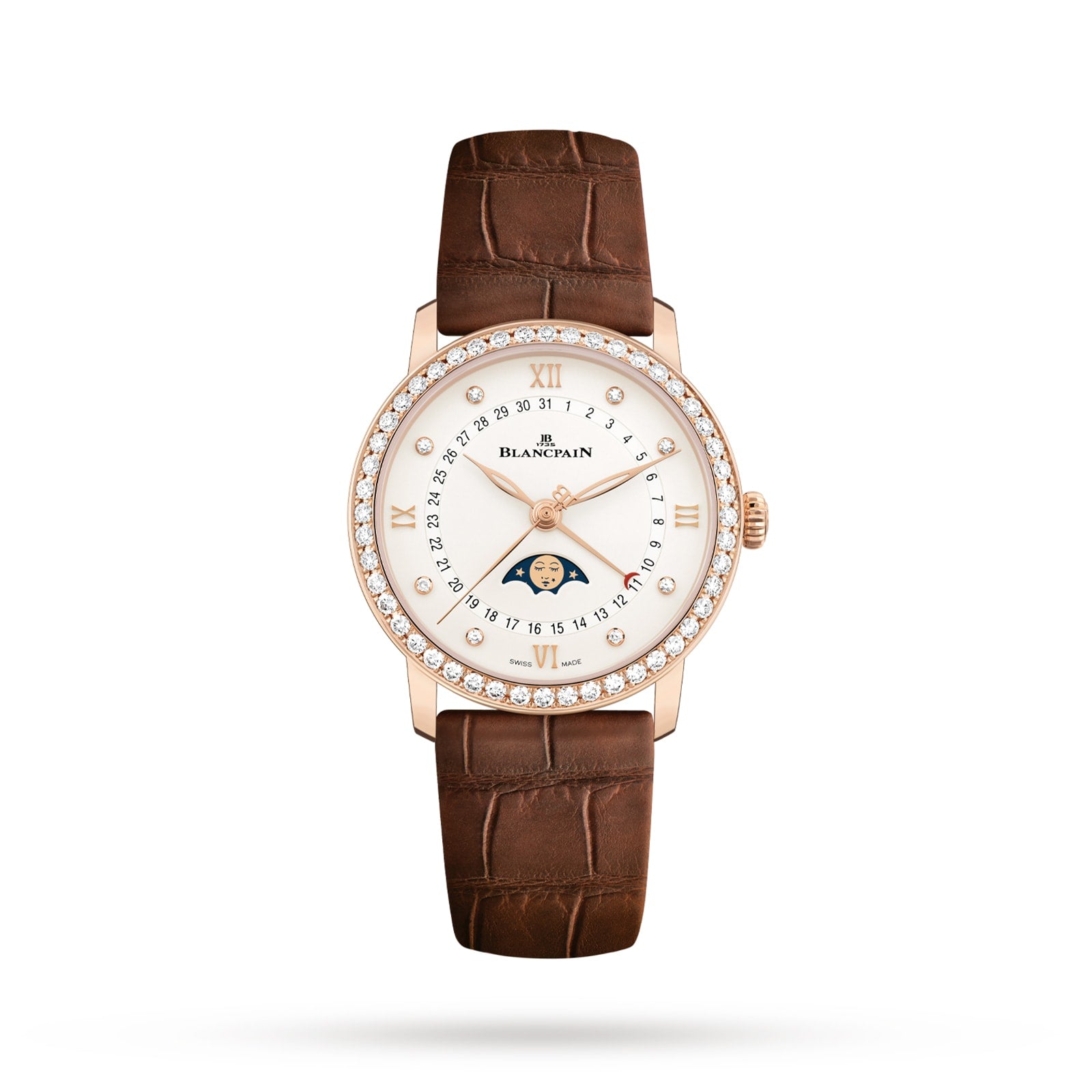 The Blancpain Villeret Quantième Phases de Lune is a luxury watch with a brown leather strap, round 18K red gold diamond-set case, Roman numerals, date display, and an elegant moon phase on the dial.