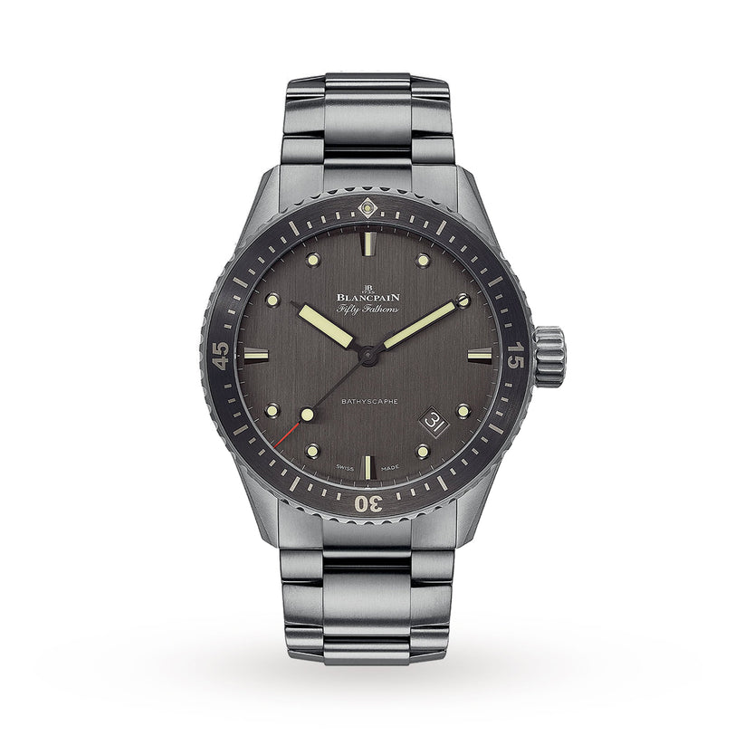 The Blancpain Fifty Fathoms Bathyscaphe features a stainless steel case, titanium bezel, dark gray dial, metal link bracelet, and date window at 4 o’clock, displaying the time as 10:08.