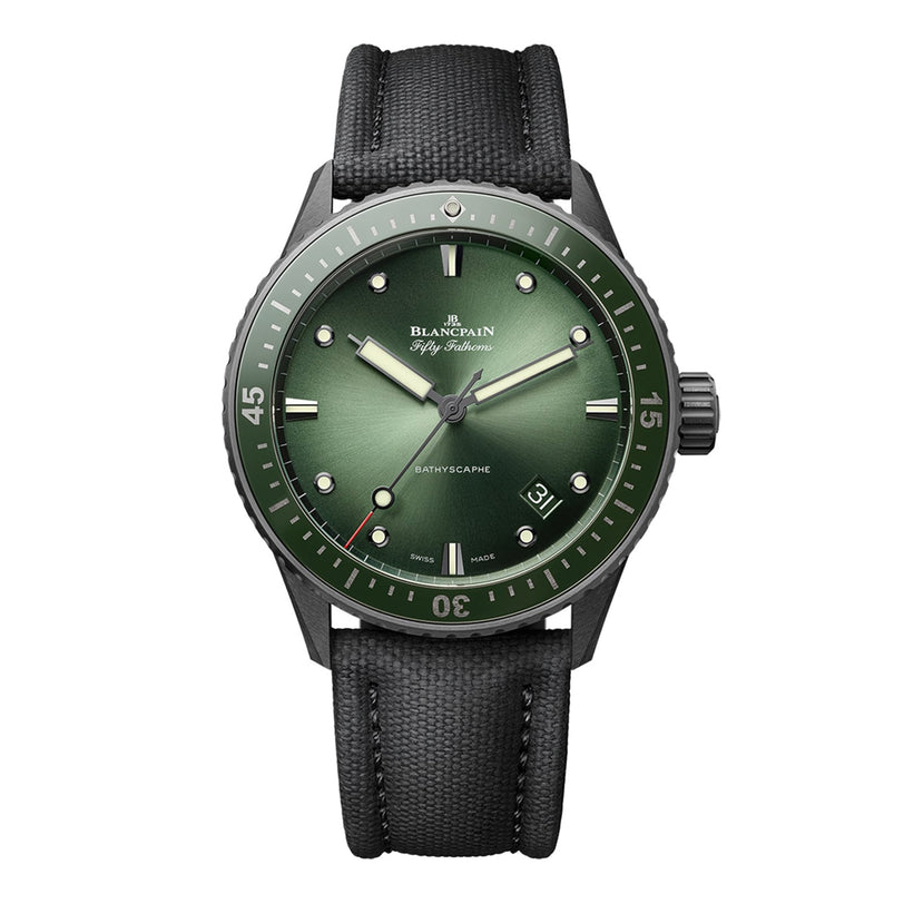 The Blancpain Fifty Fathoms Bathyscaphe Chronographe Flyback features a green dial, black strap, silver markers, and a date window at 4:30.