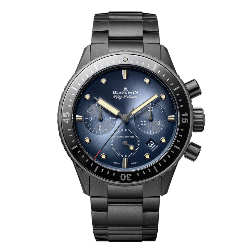 A luxury Blancpain Fifty Fathoms Bathyscaphe Chronographe Flyback Ceramic dive watch featuring a blue dial and black ceramic bracelet.