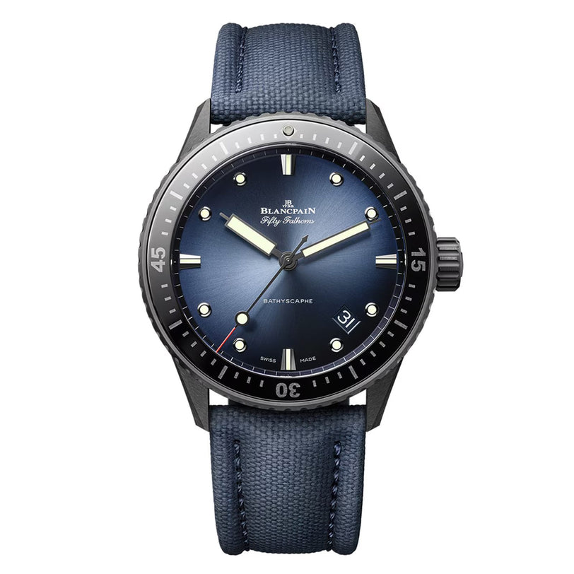 The Blancpain Fifty Fathoms Bathyscaphe features a blue dial, black bezel, and blue strap, with the time displayed at 10:10.