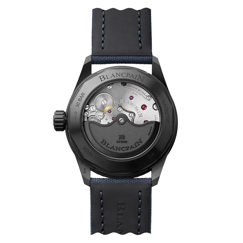 Back view of the Blancpain Fifty Fathoms Bathyscaphe showcasing its exposed mechanical movement and black strap.
