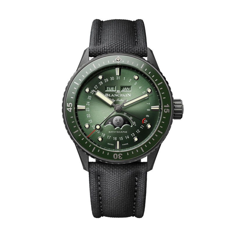 The Blancpain Fifty Fathoms Bathyscaphe Quantième Complet Phases de Lune features a green dial, black strap, and displays day, date, month, and moon phase complications.