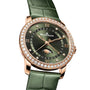 The Blancpain Villeret Quantième Phases de Lune is a luxury wristwatch featuring a green leather strap, diamond bezel, green dial, gold Roman numerals, and a moonphase display.