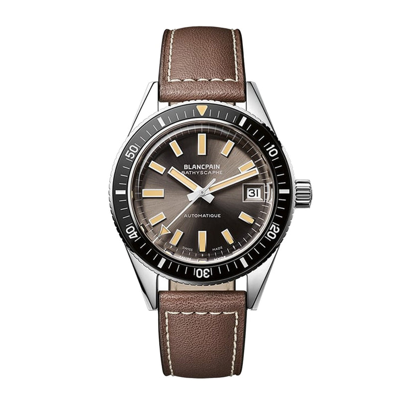 Blancpain Bathyscaphe watch with grey dial, gold hour markers, black bezel, and brown leather strap.