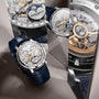 The Vacheron Constantin Traditionnelle Complete Calendar Openface is a luxury platinum watch with a blue leather strap, openwork dial showing gears, and close-ups highlighting its intricate mechanical movement and complete calendar craftsmanship.