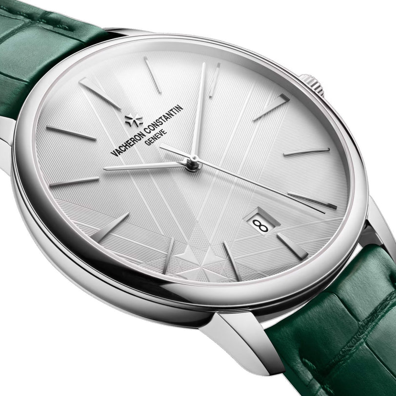 A close-up shows the Vacheron Constantin Patrimony Self-Winding, a limited edition in 18K white gold featuring a geometric-patterned dial, date window, and green leather strap.