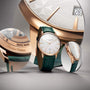 The Vacheron Constantin Patrimony Self-Winding, featuring a gold and silver case with a green leather strap, is shown with close-ups of its dial, engraved back, Geneva Seal, and limited edition marking.