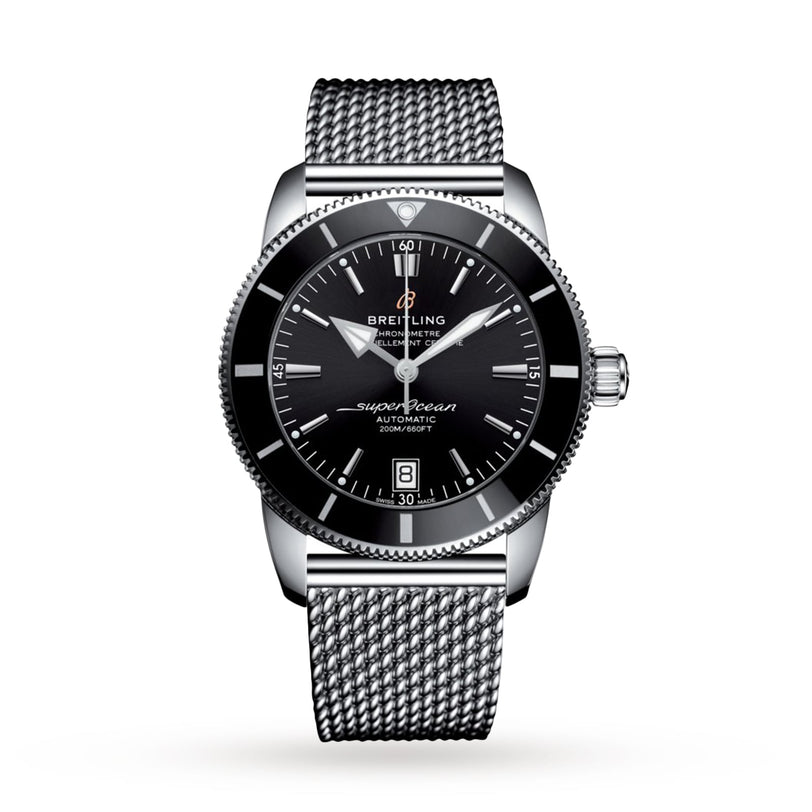 The Breitling Superocean Heritage B20 Automatic 42 features a black dial, date display, silver indices, and a stainless steel mesh bracelet, shown on a white background.