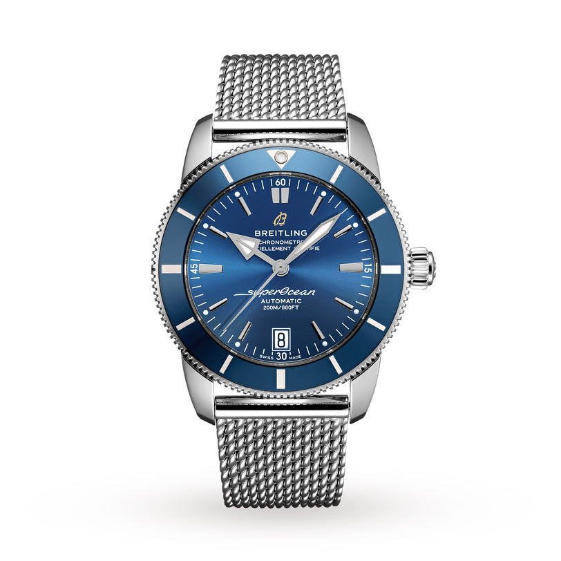 The Breitling Superocean Heritage B20 Automatic 42 showcases a stainless steel case, blue dial, gun blue ceramic bezel, silver hour markers, and a mesh metal bracelet, all displayed against a white background.