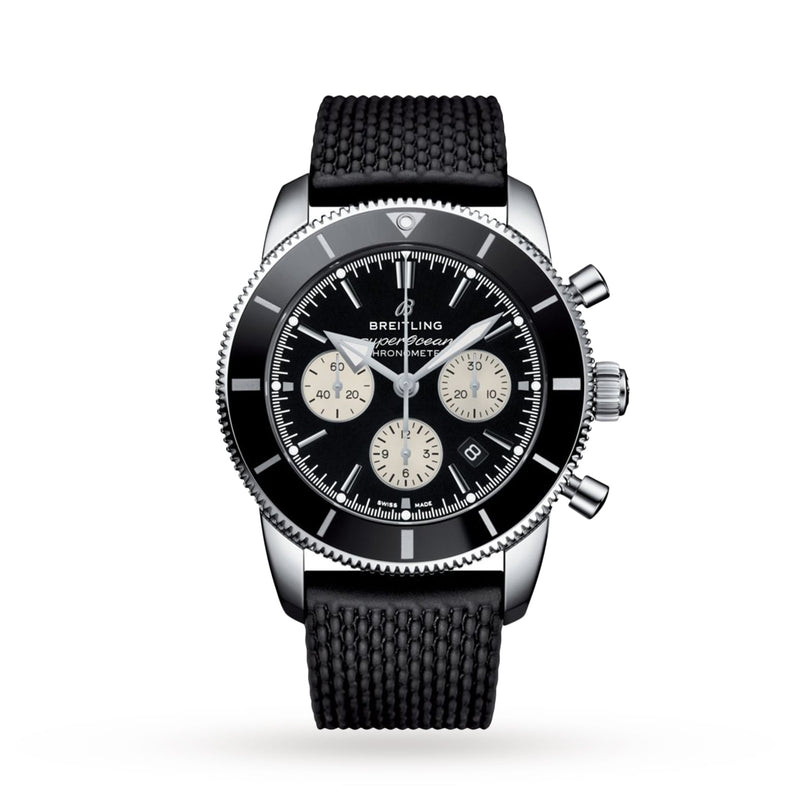 A Breitling Superocean Heritage B01 Chronograph 44 in black and silver, featuring the precise Breitling 01 calibre, three subdials, date window, textured black strap, and bold bezel displayed on a white background.