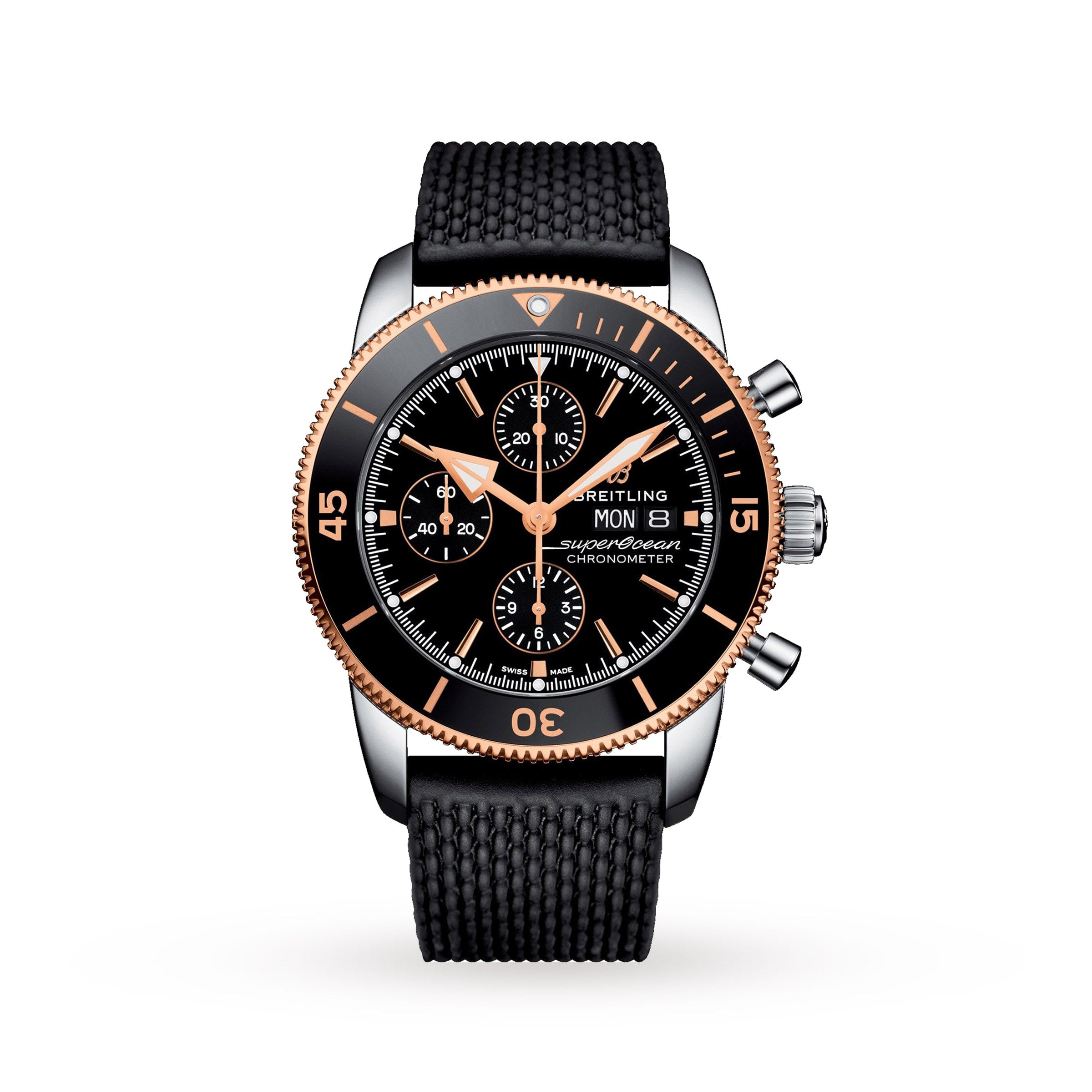 A black and gold Breitling Superocean Heritage B20 Automatic 44 wristwatch with a textured black strap, three subdials, and a ceramic bezel, shown against a white background.