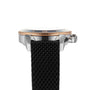 Side view of the Breitling Superocean Heritage B20 Automatic 44, featuring a black textured strap, silver case, and rose gold ceramic bezel with 30 marking. Powered by the precise Breitling 13 calibre movement.