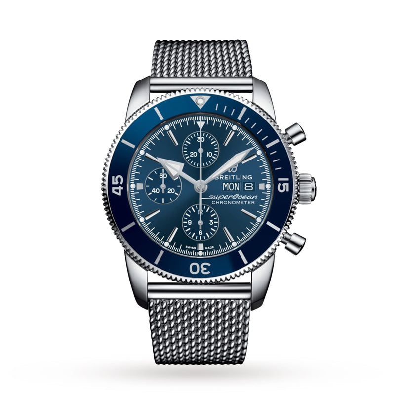 The Breitling Superocean Heritage Chronograph 44 features a stainless steel case, blue dial, mesh bracelet, three subdials, day and date display, and is powered by the precise Breitling 13 calibre.