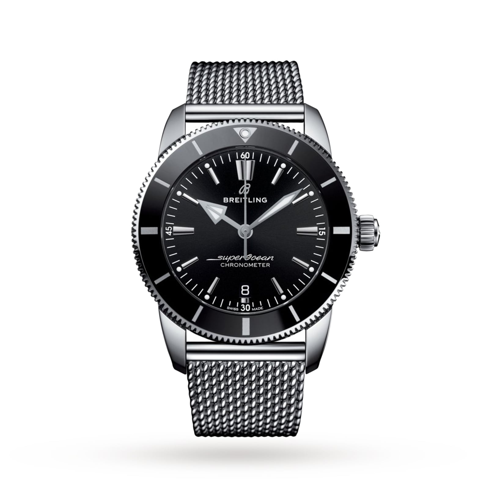 The Breitling Superocean Heritage B20 Automatic 44 features a black dial, silver hour markers, date at 6 o’clock, and a stainless steel mesh bracelet, powered by the Breitling B20 calibre and shown against a white background.
