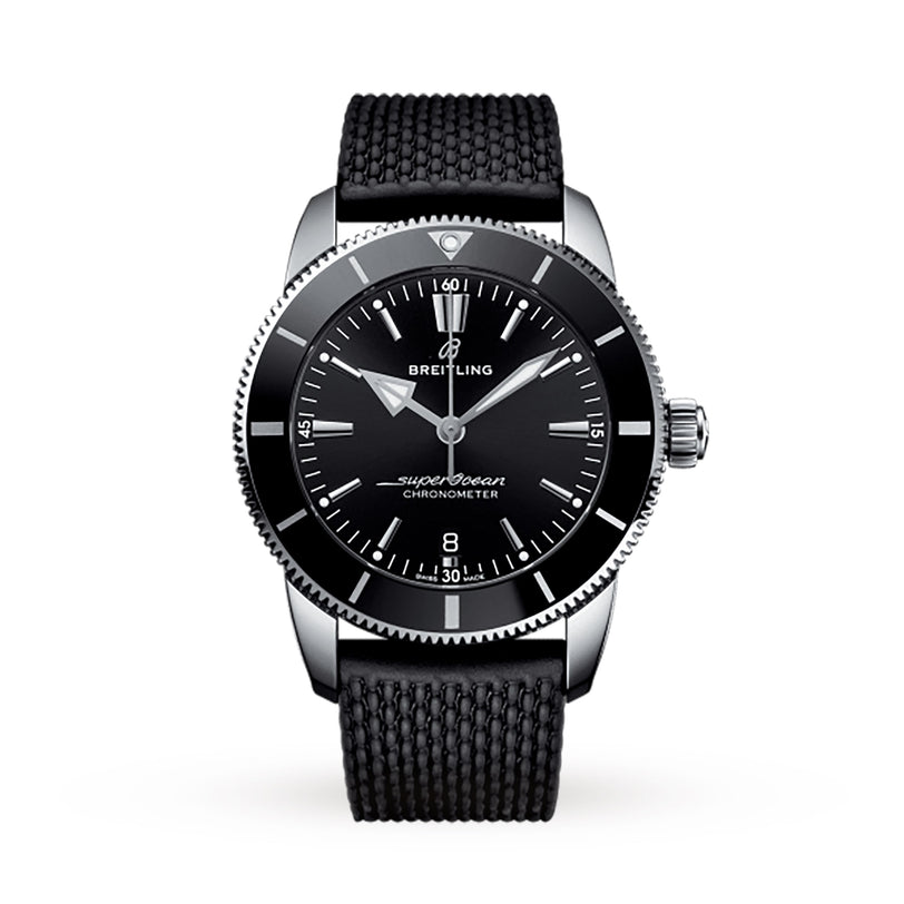 The Breitling Superocean Heritage B20 Automatic 44 features a 44mm stainless steel case, black bezel and dial with white markers, and a textured black strap, shown against a white background.