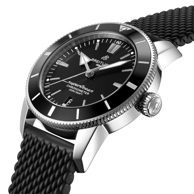 A close-up of the Breitling Superocean Heritage B20 Automatic 44, featuring a 44mm stainless steel case, black dial with silver markers, and a textured black strap.