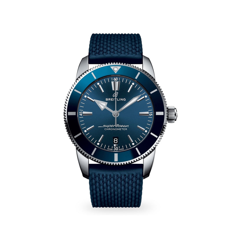 The Breitling Superocean Heritage B20 Automatic 44 features a blue round dial, date at 6 oclock, textured blue strap, and is powered by the precise Breitling B20 calibre for reliable diver’s watch performance.