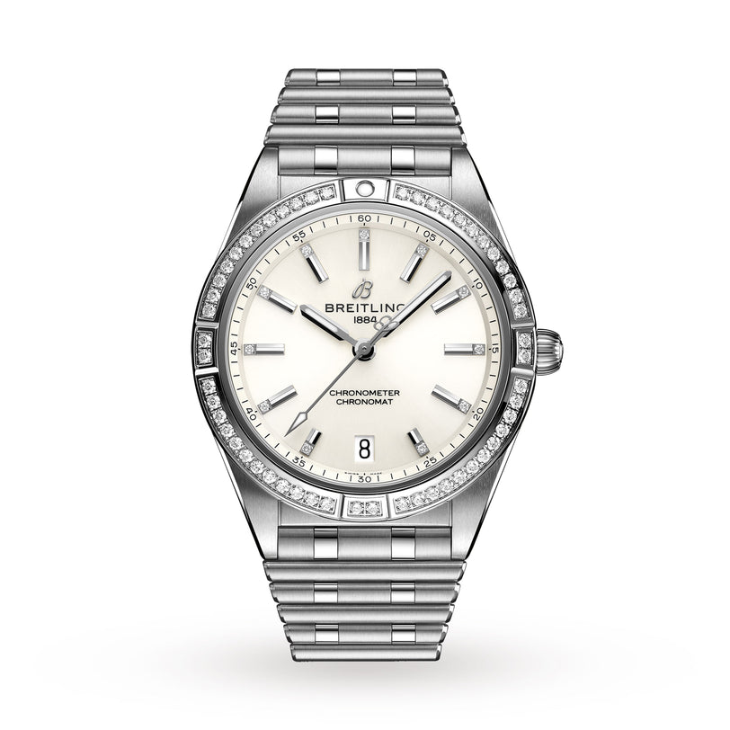 The Breitling Chronomat Automatic 36 features a silver case, white dial with diamond hour markers, diamond-set bezel, Rouleaux bracelet, date window at 6 o’clock, and three hands for hours, minutes, and seconds.