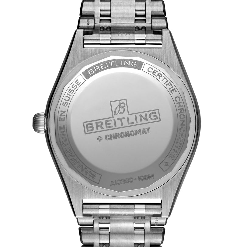 Back view of the Breitling Chronomat Automatic 36 displays branding, certification, and model engravings on its stainless steel case back, paired with the iconic Rouleaux bracelet.