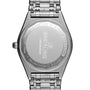 The back of a Breitling Chronomat 32 watch in stainless steel displays engraved branding, its model number, COSC-certified details, and a water resistance rating of 100 meters.