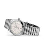 The Breitling Chronomat 32 is a COSC-certified stainless steel wristwatch featuring a silver dial, date display at 3 oclock, and metal link bracelet, shown angled on a white background.