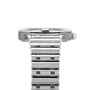 A close-up side view of the Breitling Chronomat 32, a stainless steel COSC-certified wristwatch with a metal link bracelet, highlighting its crown and case profile against a white background.