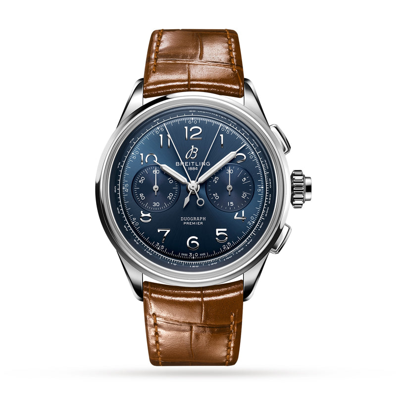 The Breitling Premier B15 Duograph 42 is a stainless steel wristwatch with a blue dial, three subdials, white markings, brown leather strap, chronograph pushers, and a COSC-certified movement.