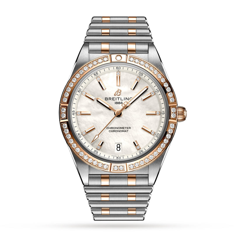 The Breitling Chronomat Automatic 36, a COSC-certified watch, features a silver and rose gold Rouleaux bracelet, diamond-set bezel, white dial, gold hour markers, and a date display at 6 oclock.