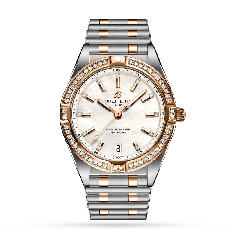 The Breitling Chronomat 32 is a luxury wristwatch featuring a two-tone silver and gold design, diamond-set bezel, white dial with date at 6 oclock, and comes on a metal bracelet.