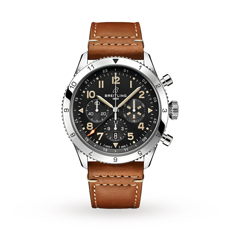 The Breitling Super AVI B04 Chronograph GMT 46 P-51 Mustang features a black dial with three subdials, a silver bezel, and brown leather strap, photographed on white—honoring aviation heritage inspired by the iconic P-51 Mustang.