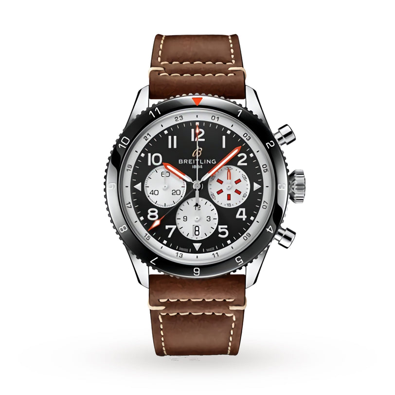 The Breitling Super AVI B04 Chronograph GMT 46 Mosquito features a black dial with three subdials, silver case, brown leather strap, and white hour markers—an aviation-inspired piece from the iconic Super AVI collection.