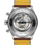 Close-up of the back of the Breitling Super AVI B04 Chronograph GMT 46 Mosquito, highlighting its exposed mechanical movement, engraved caseback text, and yellow leather strap—a tribute to Breitling’s celebrated aviation heritage.