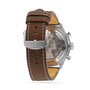 Rear view of the Breitling Super AVI B04 Chronograph GMT 46 Mosquito with a brown leather strap, visible stitching, and an exposed mechanical movement seen through a transparent case back—a stylish tribute to aviation heritage.