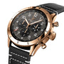 The Breitling Super AVI B04 Chronograph GMT 46 P-51 Mustang features a gold case, black dial with three subdials and white numerals, plus a black leather strap with white stitching—a tribute to aviation heritage for watch enthusiasts.