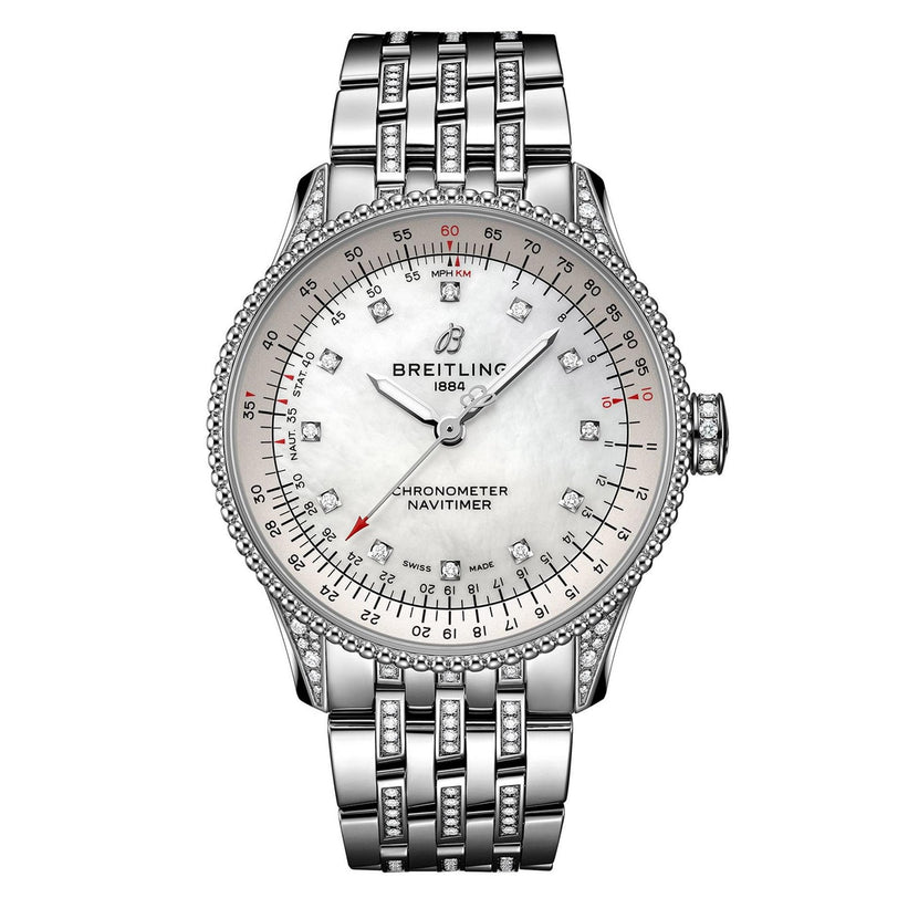 The Breitling Navitimer 32 features diamond accents, a metal bracelet, and a white mother-of-pearl dial.