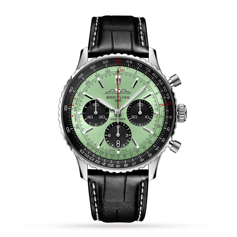 The Breitling Navitimer B01 Chronograph 43 features a mint green dial with three black subdials, chronograph pushers, and a black leather strap with white stitching, powered by the acclaimed Breitling 01 calibre for precision.