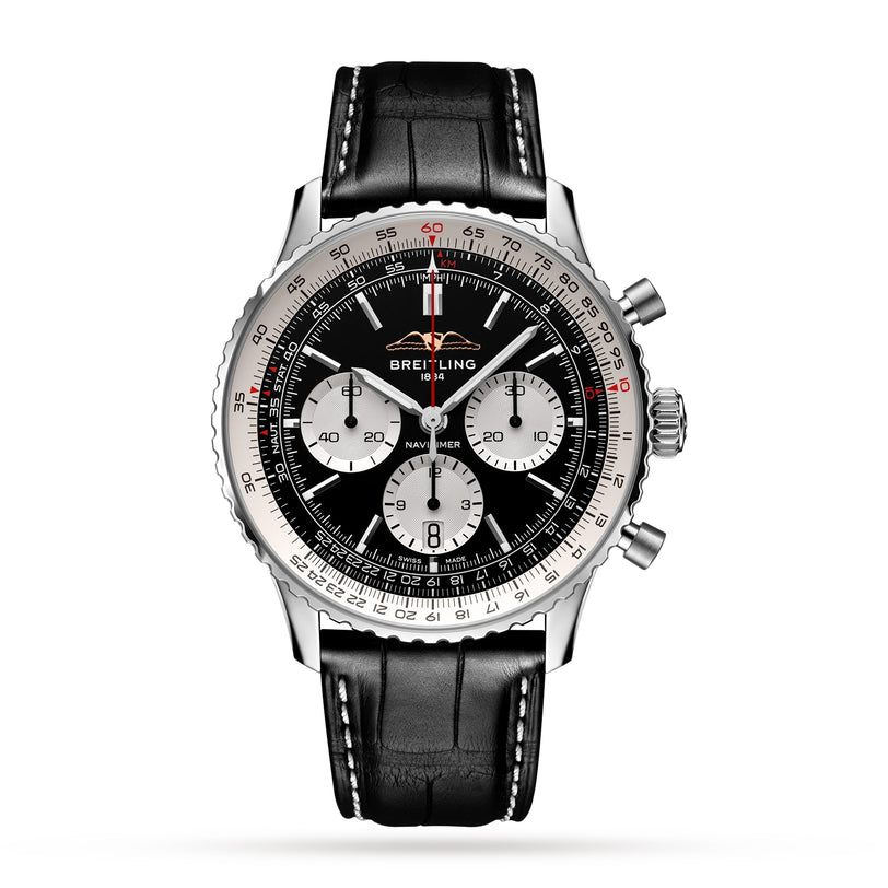 The Breitling Navitimer B01 Chronograph 43 features a black dial with three subdials, the Breitling 01 calibre, a stainless steel case, and a black leather strap with white stitching.