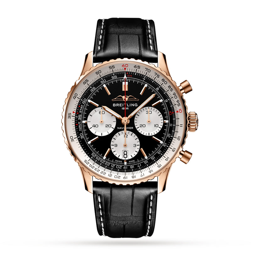 The Breitling Navitimer B01 Chronograph 43 features a black dial with three white subdials, a gold case, and a black leather strap, displayed against a white background.