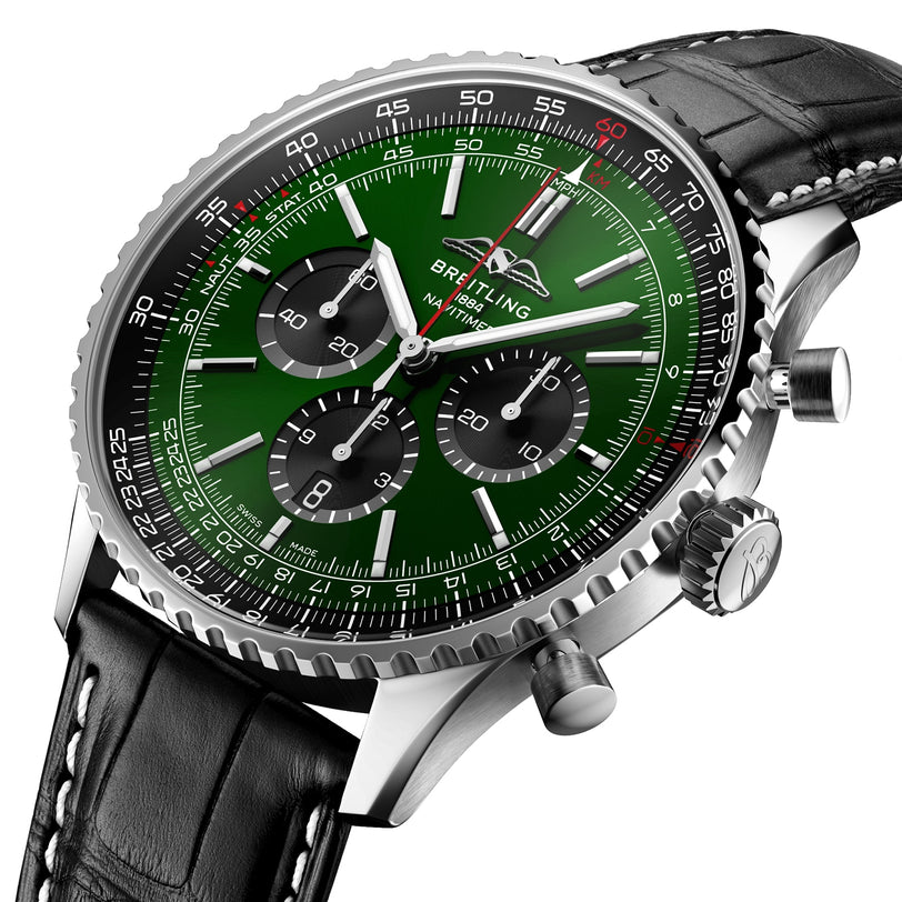 The Breitling Navitimer B01 Chronograph 46 is a stainless steel watch with a green dial, three subdials, date display, black leather strap, silver accents, and the renowned Breitling 01 calibre movement.