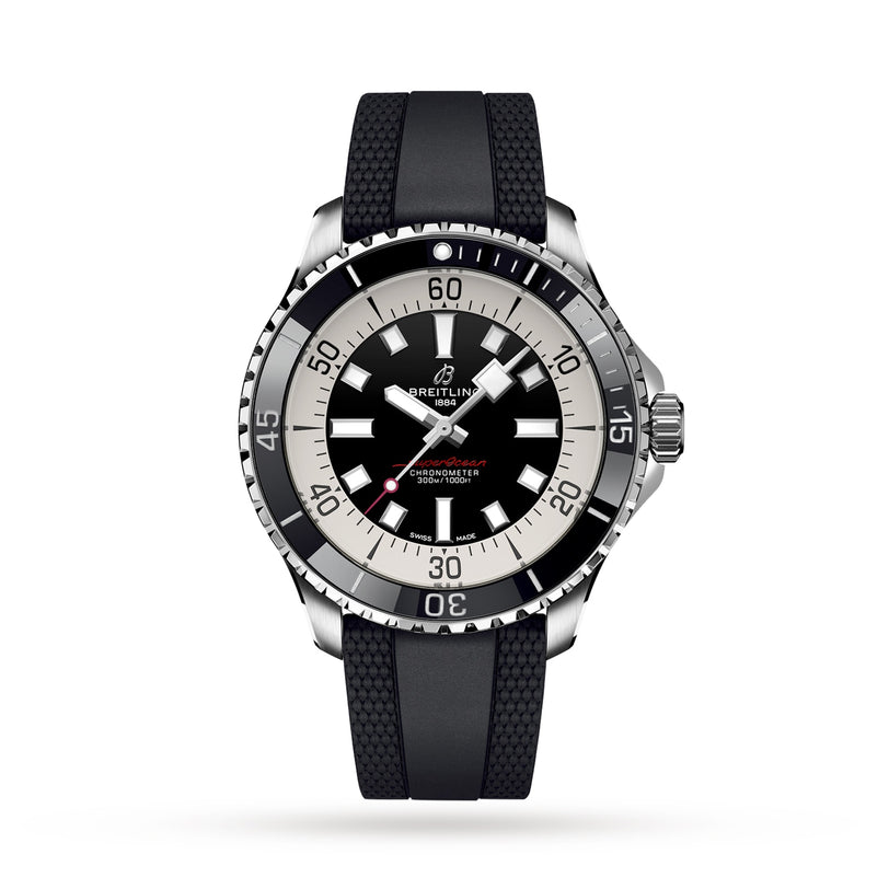 The Breitling Superocean Automatic 44, with a black and white dial, black bezel, silver case, and black rubber strap, is displayed on a white background.